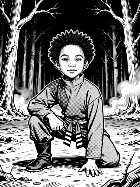 A manga panel: a young ninja with an afro crouches low on one knee in the forest, one hand on the ground.