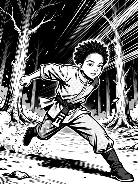 A manga panel: a young ninja with an afro lunges into a sprint through the forest, dust flying behind him.