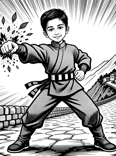 A manga panel: a young ninja throws a punch and leaves burst from his fist above a mountain road.