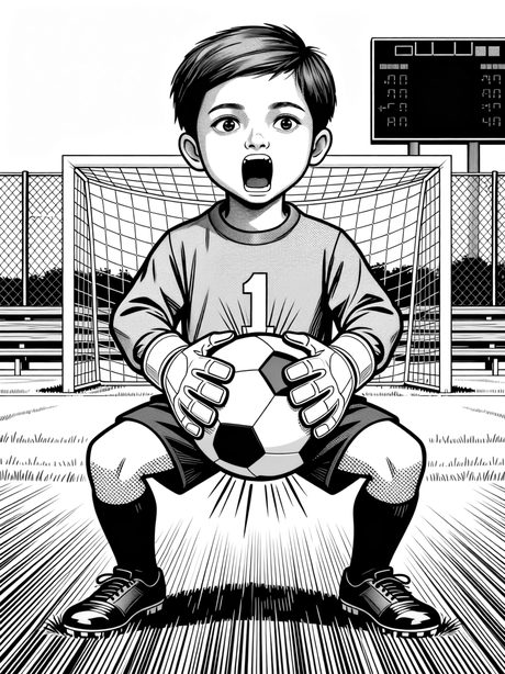 A manga panel: a young goalkeeper catches the ball against his chest in front of the net.