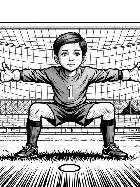 A manga panel: a young goalkeeper crouches in the goalmouth, gloves wide, ready for the shot.