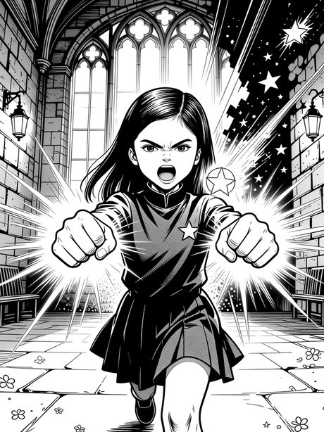 A manga panel: a girl in a star-pinned academy uniform charges forward, fists clenched, light bursting behind her.