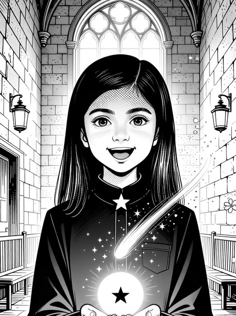 A manga panel: a girl cups a glowing star in her hands under a tall arched window.