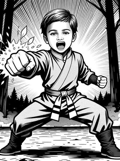 A manga panel: a young ninja yells and punches, radial burst lines behind him in a dark forest.